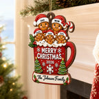 Gingerbread Family In Hot Cocoa 2D Flat - Personalized Wooden Ornament - Christmas Tree Decor For Family