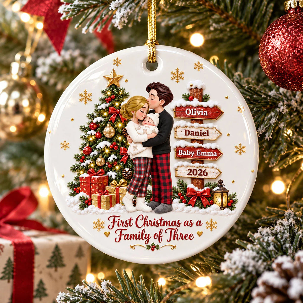 First Christmas As Family Of Three - Personalized Ceramic Ornament - Christmas Tree Keepsake For New Parents