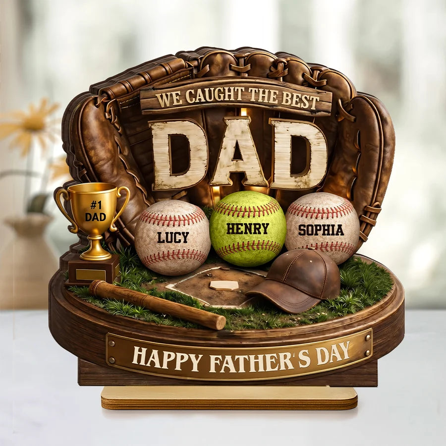 We Caught the Best Baseball Dad - Personalized 2-Layered Wooden Plaque - Gift for Dad, Husband