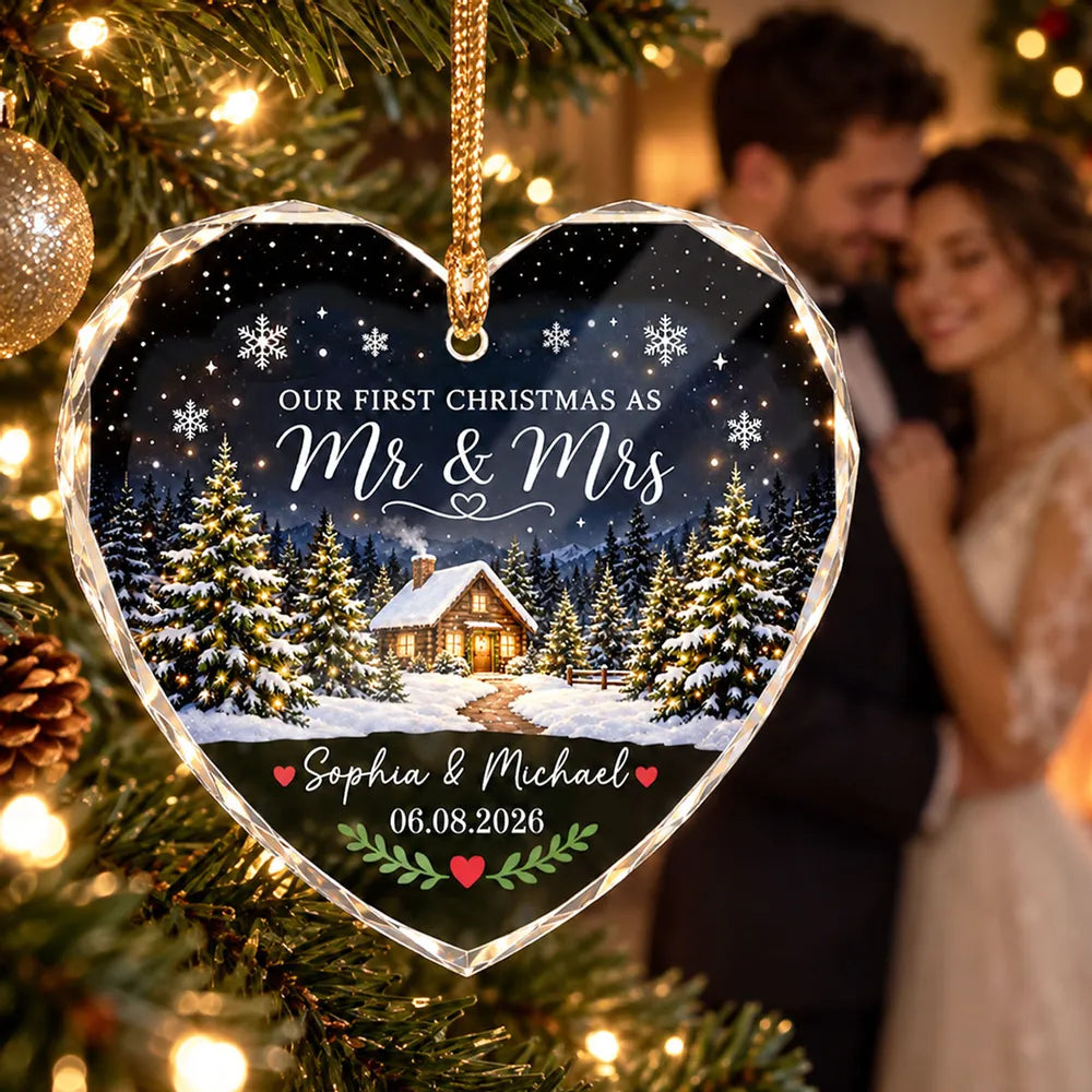 Our First Christmas As Mr Mrs Winter Cabin House - Personalized Glass Ornament - First Christmas Married Ornament For Couple