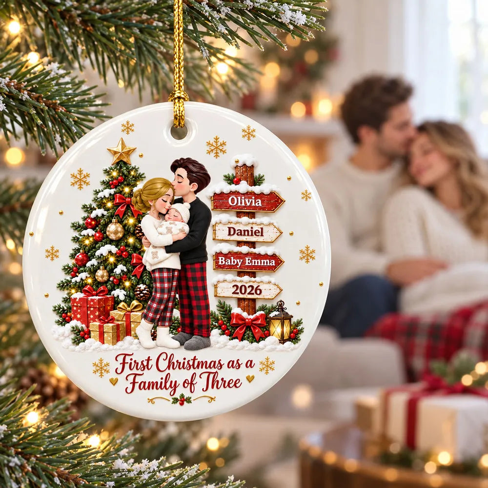 First Christmas As Family Of Three - Personalized Ceramic Ornament - Christmas Tree Keepsake For New Parents