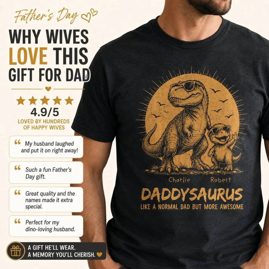 Retro Yellow Vintage Daddysaurus - Personalized Shirt - Funny Father's Day Gift For Dad, Husband