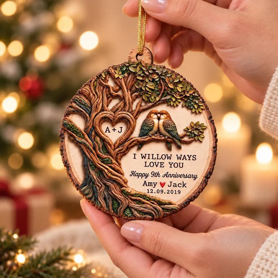 Willow Tree and Paired Birds - Personalized Wooden Ornament - Anniversary Gift for Couple