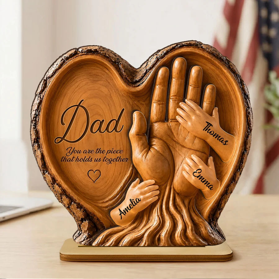 Dad Holds Kids Hands - Personalized 2-Layered Wooden Plaque - Heartfelt Gift For Dad, Husband