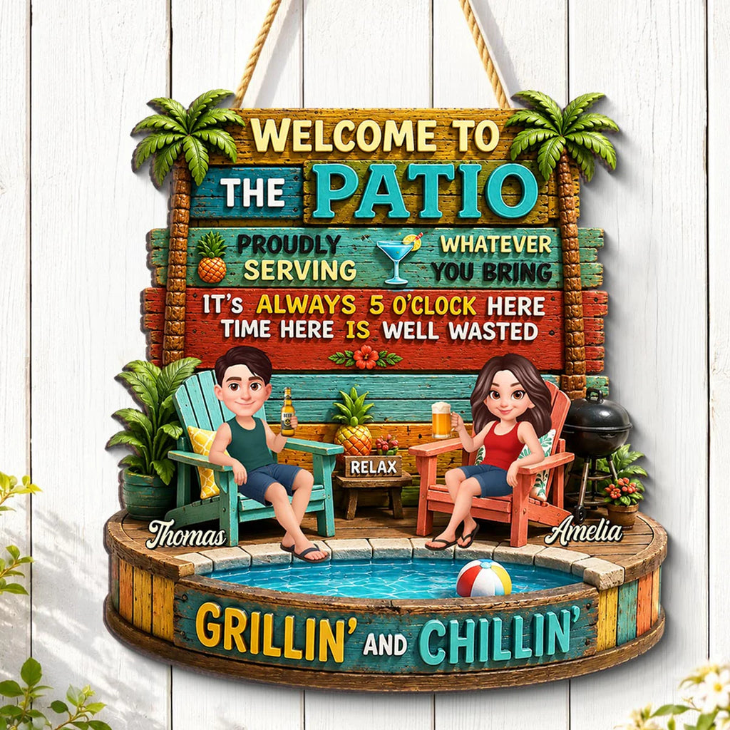 Couple Patio Welcome Proudly Serving Whatever You Bring - Personalized Wooden Sign - Summer Backyard Decor