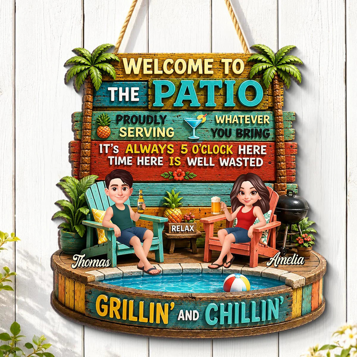 Couple Patio Welcome Proudly Serving Whatever You Bring - Personalized Wooden Sign - Summer Backyard Decor