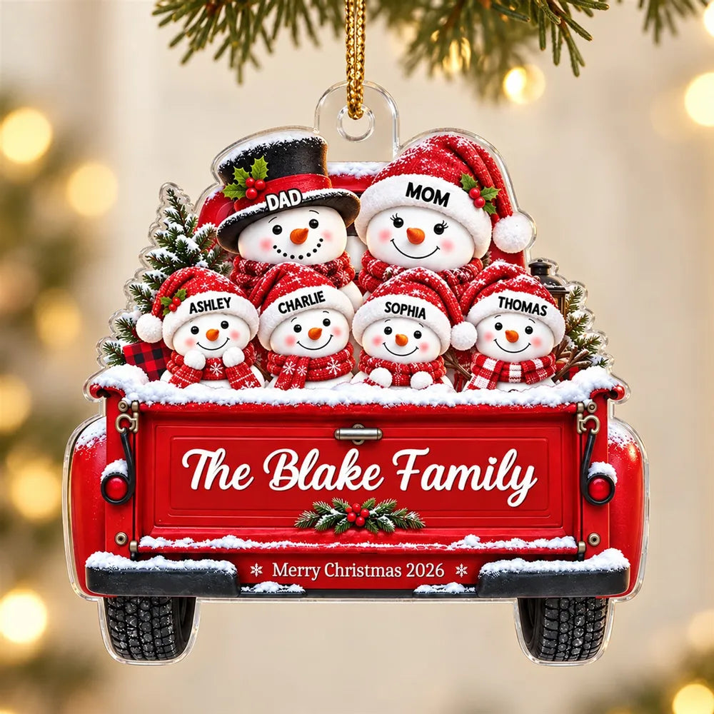 Snowman Family On Truck - Personalized Acrylic Ornament - Christmas Tree Decor For Family, Grandparents