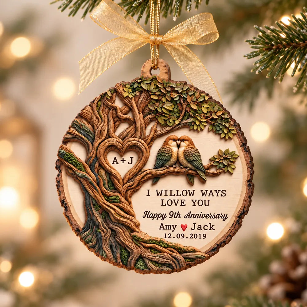 Willow Tree and Paired Birds - Personalized Wooden Ornament - Anniversary Gift for Couple