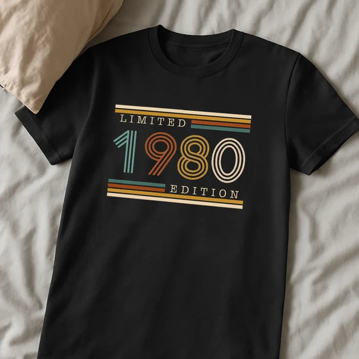 Personalized Classic Tee, Retro Striped Milestone Birthday Design, Creative Gift for Retro Style Fans