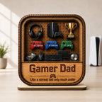 Gamer Dad Gaming Shelf Display With Kids Name 2D Flat - Personalized Wooden Plaque