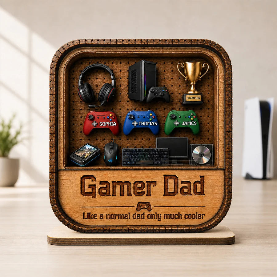 Gamer Dad Gaming Shelf Display With Kids Name 2D Flat - Personalized Wooden Plaque