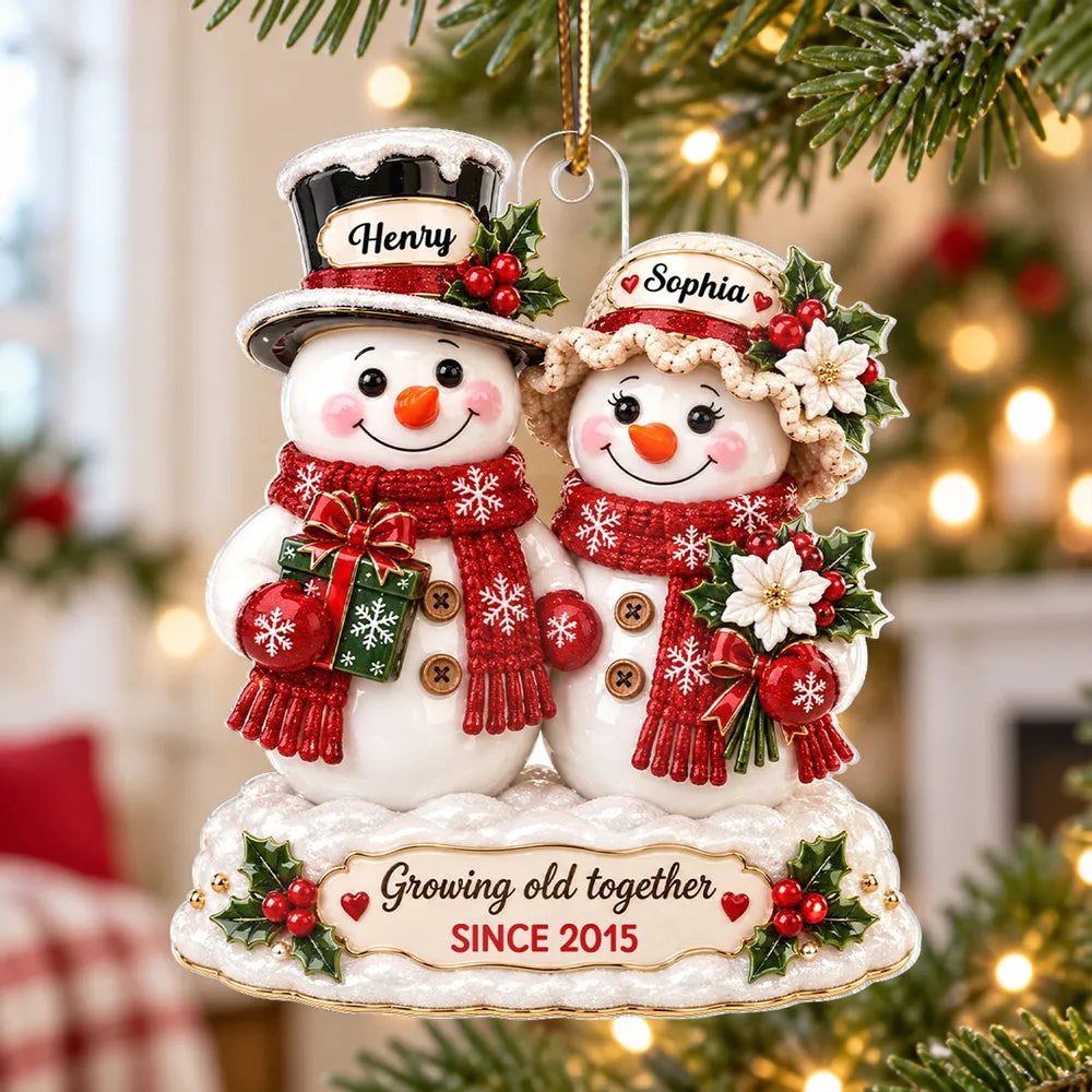 Snowman Couple Growing Old Together - Personalized Acrylic Ornament - Christmas Keepsake Gift for Her, Gift for Him
