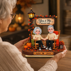 Couple Sitting Under Lamp Post 2D Flat - Personalized Wooden Plaque - Fall Season Decoration