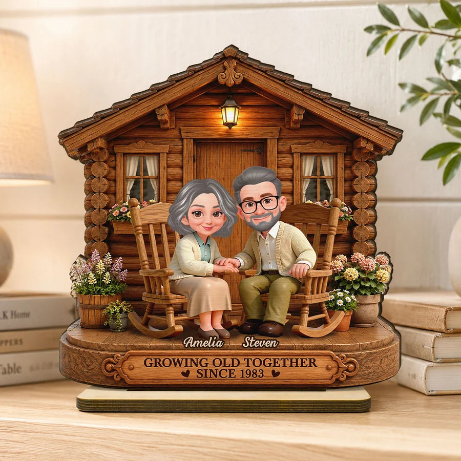 Eternal Love Couple Growing Old Together Cabin Wood House - Personalized 2-Layered Wooden Plaque - Anniversary Gift For Couple