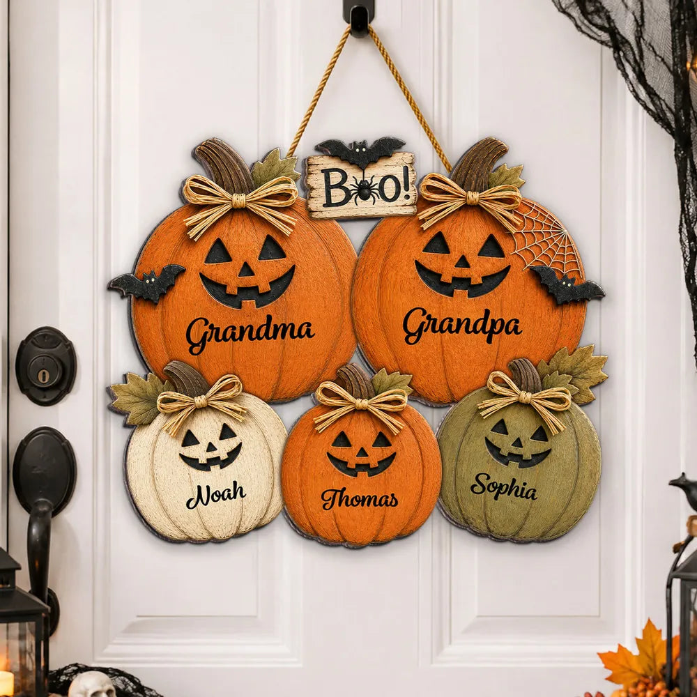 Grandma Grandpa Halloween Pumpkins - Personalized Door Hanger - Fall Season Halloween Decor For Grandparents