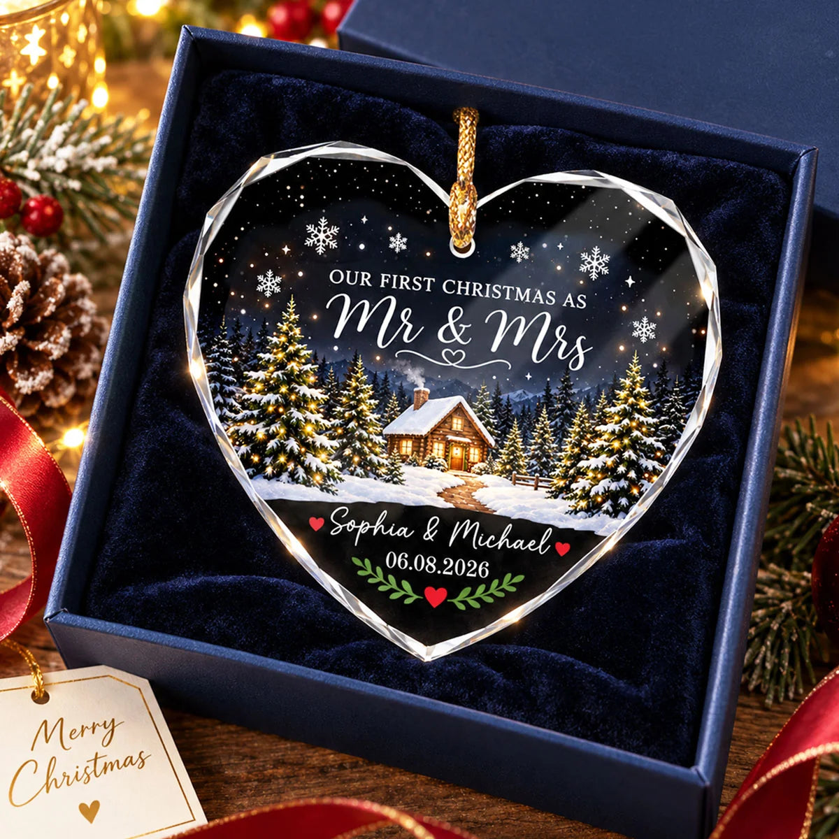 Our First Christmas As Mr Mrs Winter Cabin House - Personalized Glass Ornament - First Christmas Married Ornament For Couple