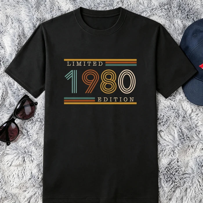 Personalized Classic Tee, Retro Striped Milestone Birthday Design, Creative Gift for Retro Style Fans