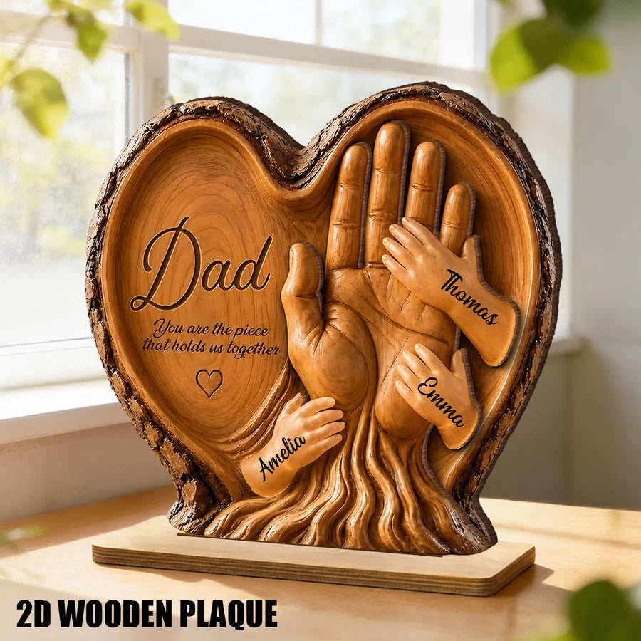 Dad Holds Kids Hands - Personalized 2-Layered Wooden Plaque - Heartfelt Gift For Dad, Husband