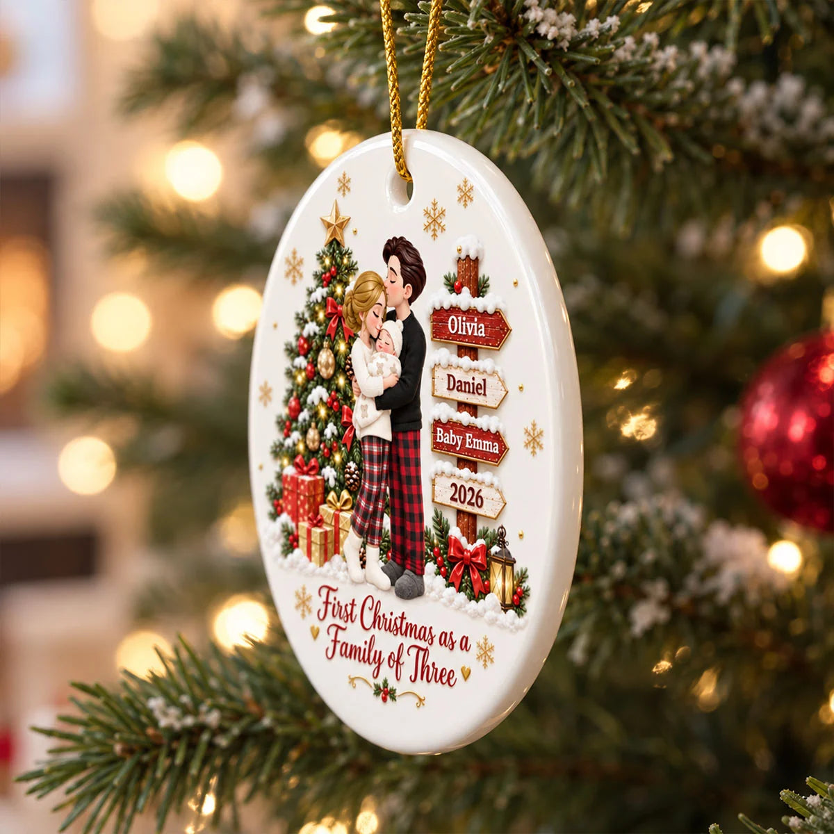 First Christmas As Family Of Three - Personalized Ceramic Ornament - Christmas Tree Keepsake For New Parents