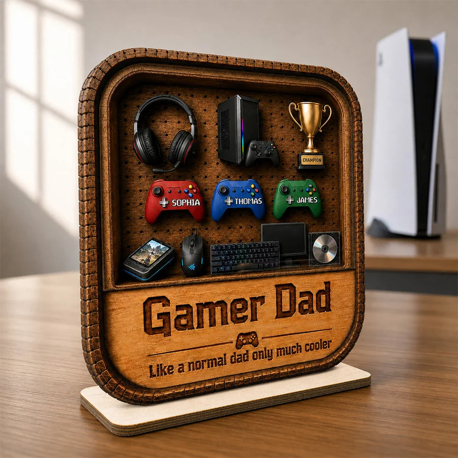 Gamer Dad Gaming Shelf Display With Kids Name 2D Flat - Personalized Wooden Plaque