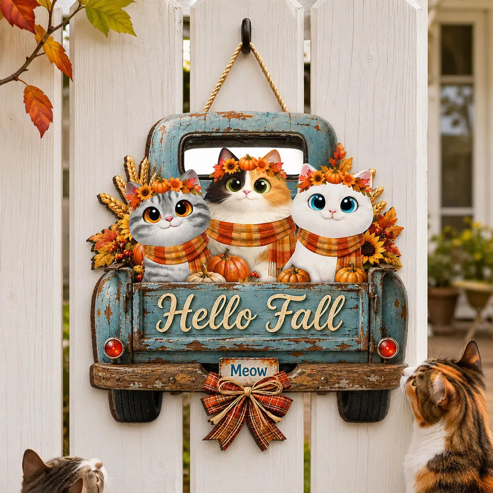 Hello Fall Pumpkin Cats - Personalized Door Hanger Sign - Cozy Fall Decor for Cat Lovers