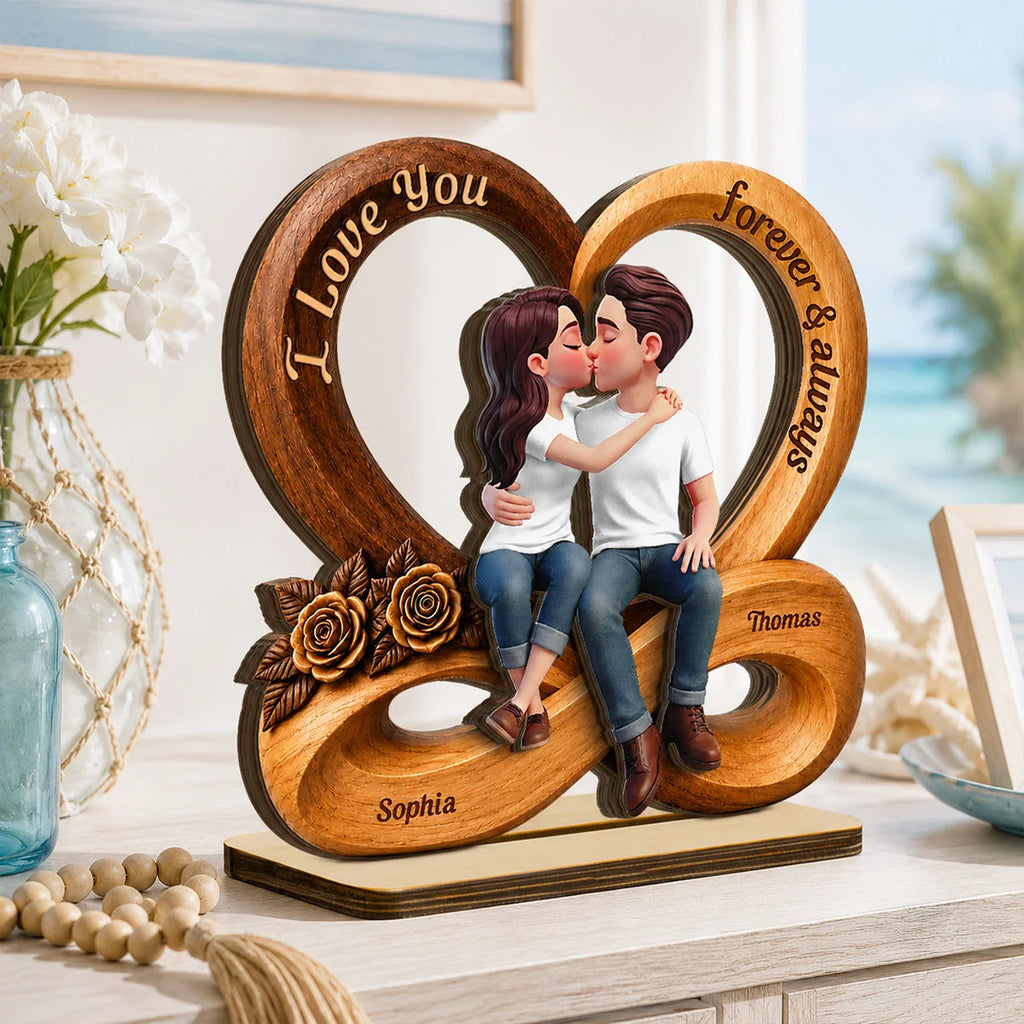 Couple Love You Forever & Always Infinity Heart - Personalized 2-Layered Wooden Plaque - Anniversary Gift For Couple, For Him, For Her