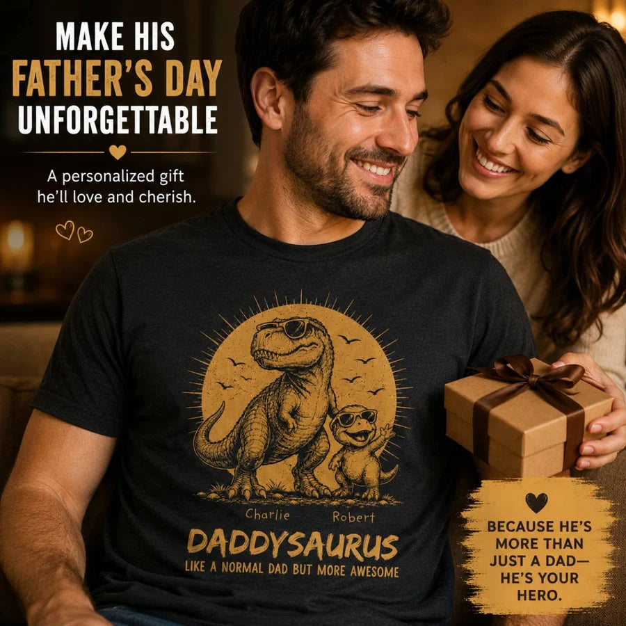 Retro Yellow Vintage Daddysaurus - Personalized Shirt - Funny Father's Day Gift For Dad, Husband