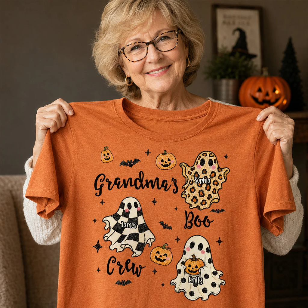 Grandma's Boo Crew Checkered Leopard Polka Dot Ghosts - Personalized Shirt - Perfect Halloween Costume for Grandma