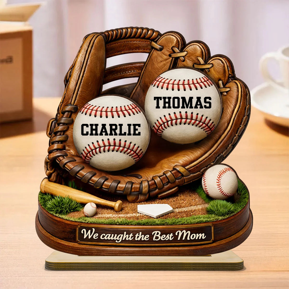 We Caught the Best Mom Baseball Softball - Personalized 2-Layered Wooden Plaque - Heartfelt Gift for Mom