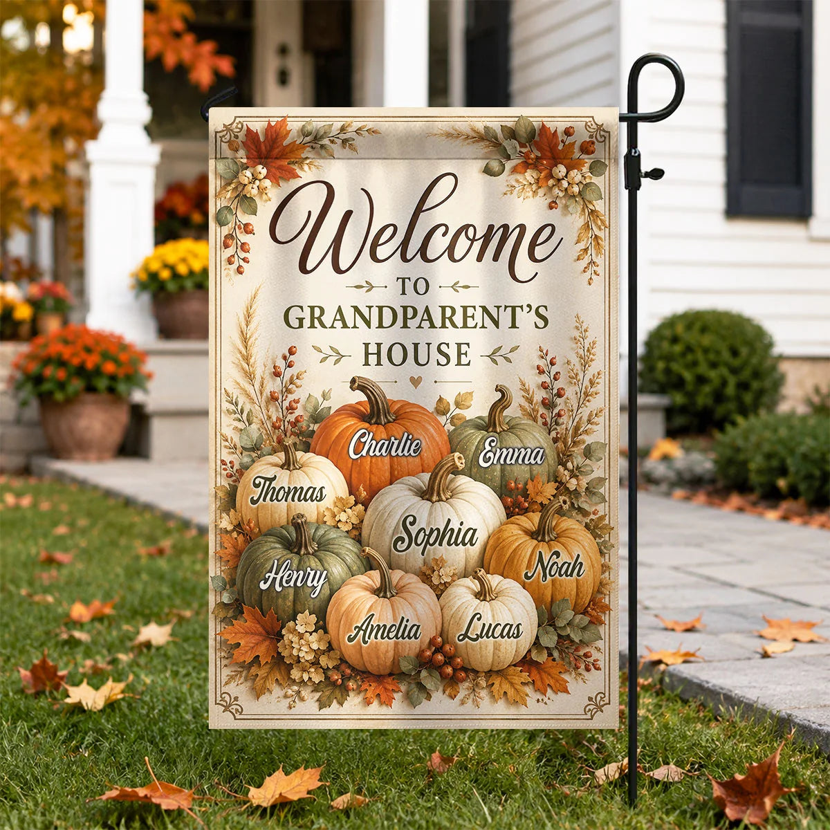 Welcome To Grandparent's House Fall Pumpkin - Personalized Garden Flag - Fall Season Decor Gift, Gift For Grandma, Grandpa