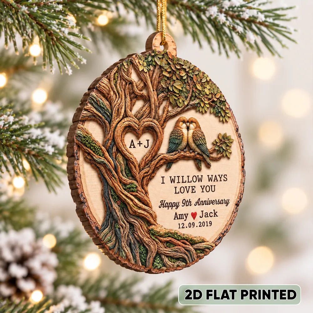 Willow Tree and Paired Birds - Personalized Wooden Ornament - Anniversary Gift for Couple