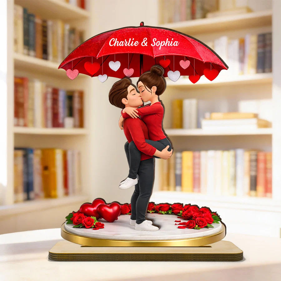 Couple Hugging Kissing Under Umbrella - Personalized 2-Layered Wooden Plaque - Anniversary, Valentine's Day Gift, Gift For Him, Gift For Her