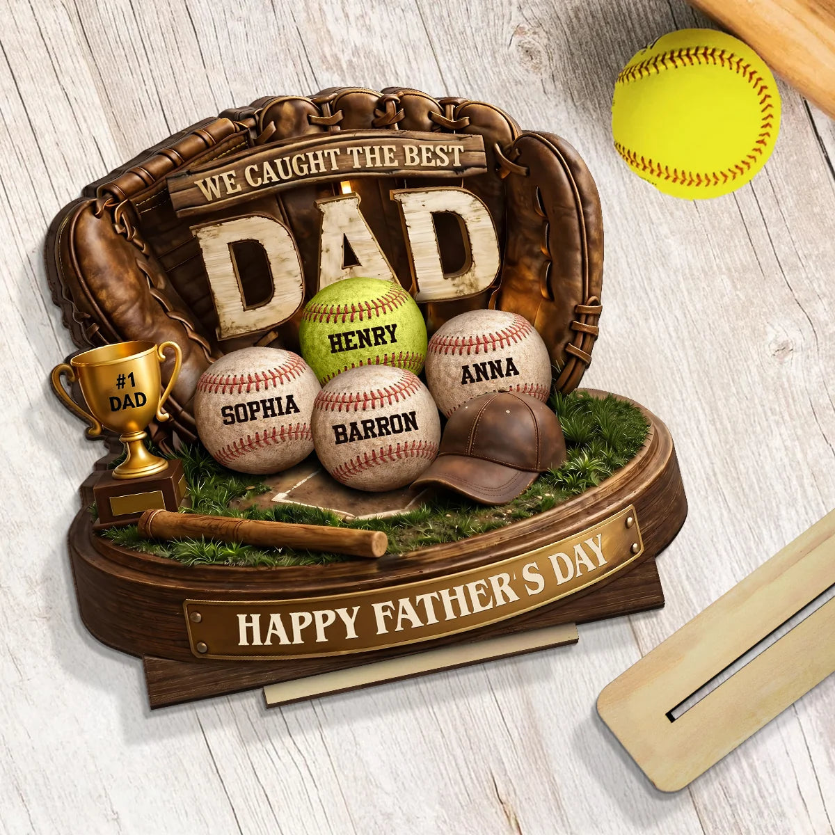 We Caught the Best Baseball Dad - Personalized 2-Layered Wooden Plaque - Gift for Dad, Husband