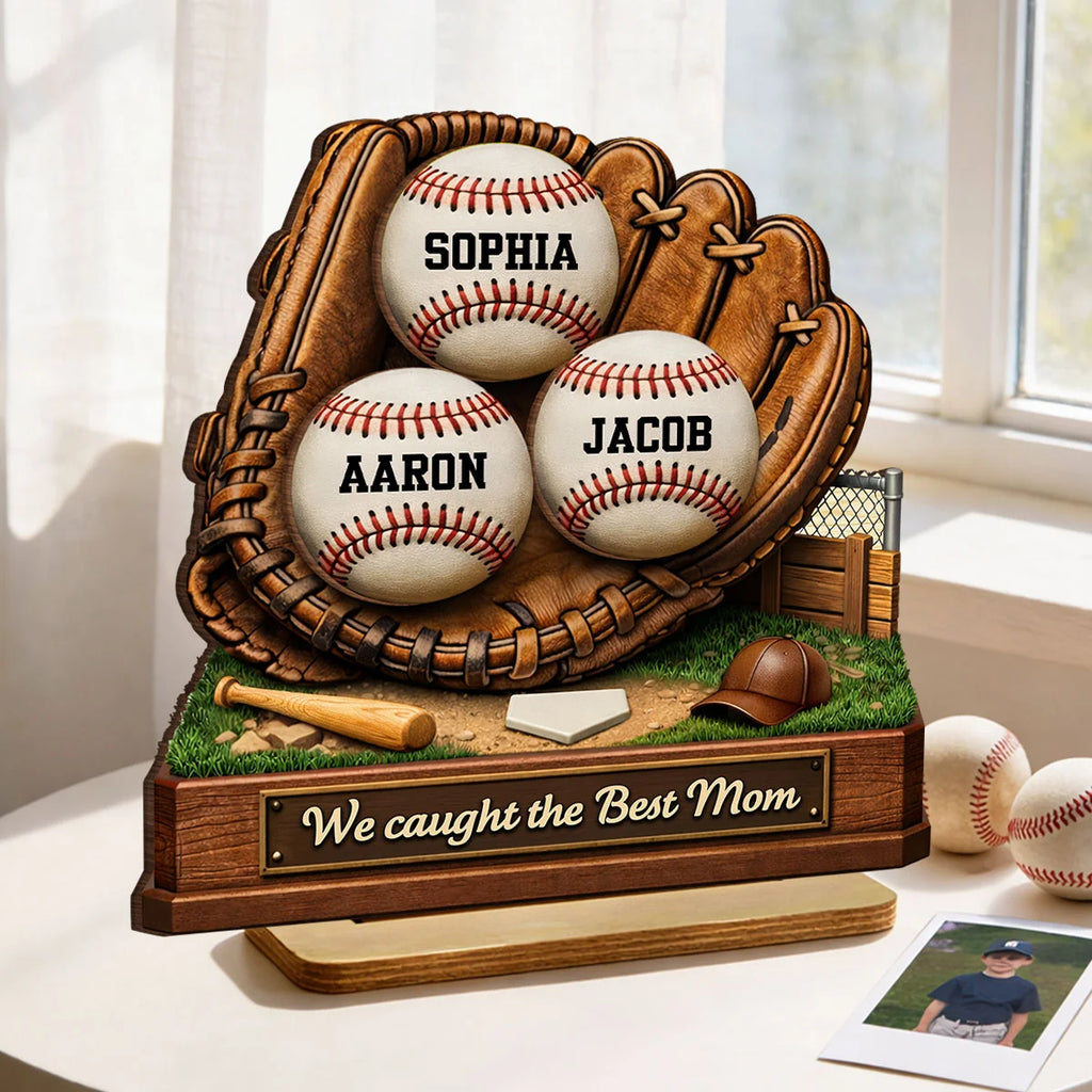We Caught the Best Mom Baseball - Personalized 2-Layered Wooden Plaque - Sentimental Gift for Mom