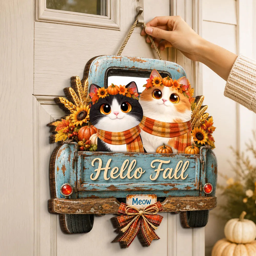Hello Fall Pumpkin Cats - Personalized Door Hanger Sign - Cozy Fall Decor for Cat Lovers
