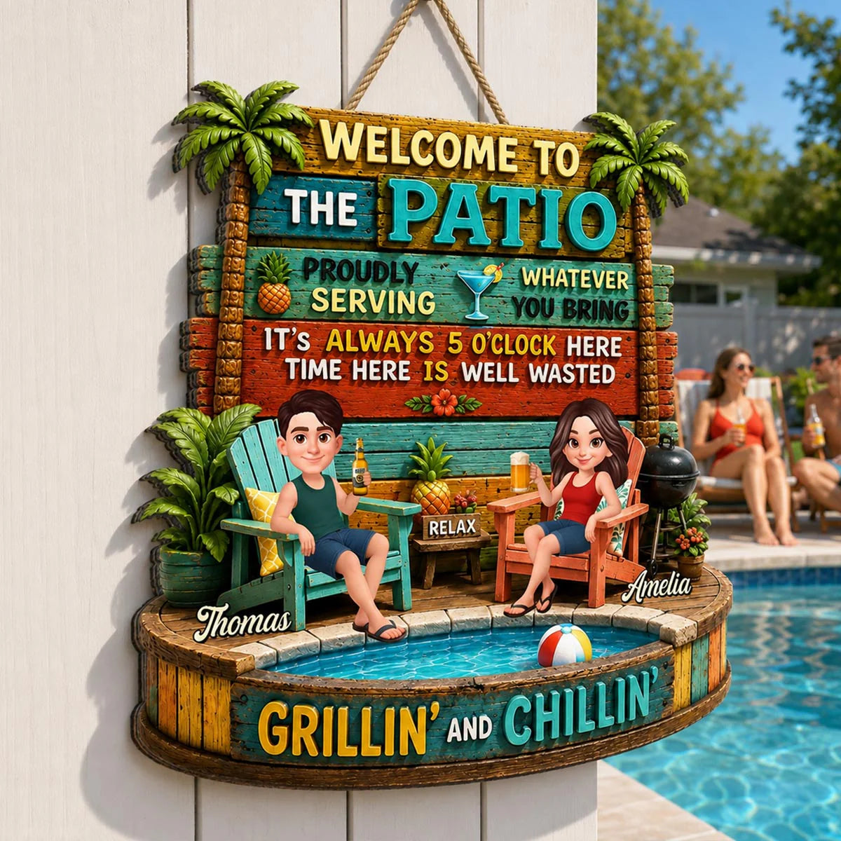 Couple Patio Welcome Proudly Serving Whatever You Bring - Personalized Wooden Sign - Summer Backyard Decor