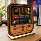 Gamer Dad Gaming Shelf Display With Kids Name 2D Flat - Personalized Wooden Plaque