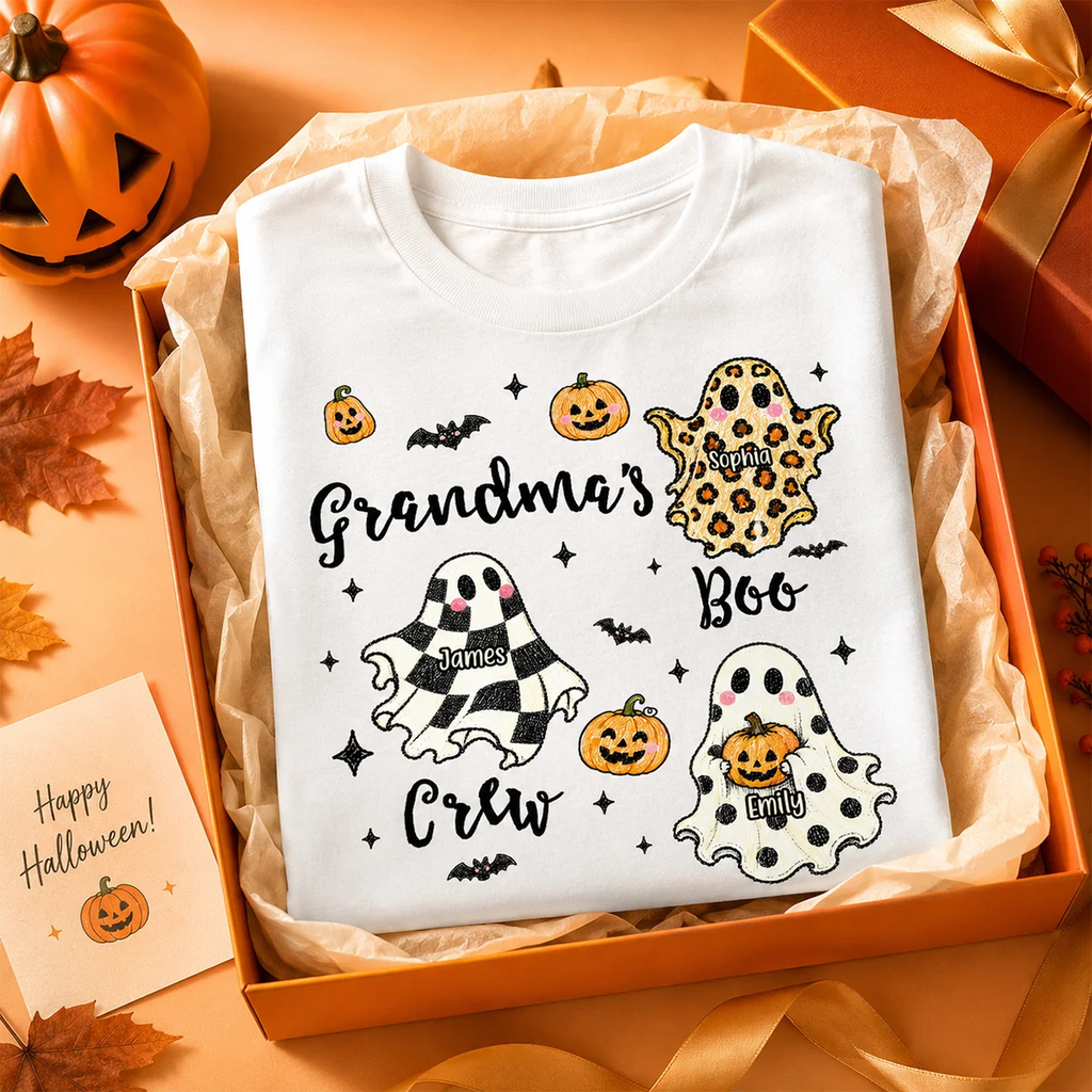 Grandma's Boo Crew Checkered Leopard Polka Dot Ghosts - Personalized Shirt - Perfect Halloween Costume for Grandma