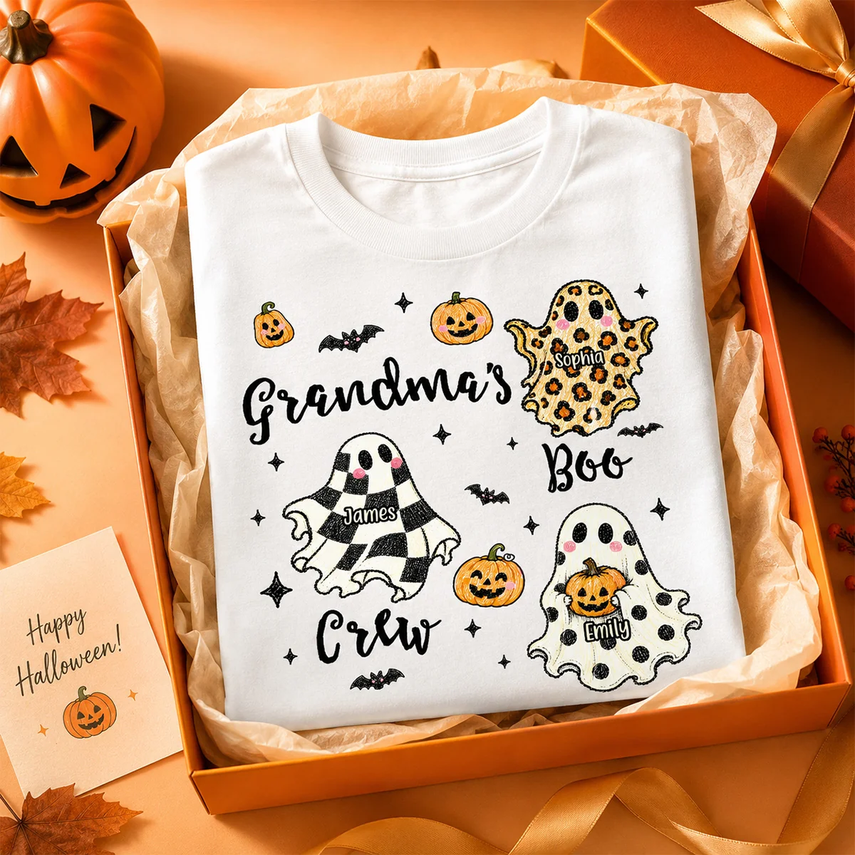 Grandma's Boo Crew Checkered Leopard Polka Dot Ghosts - Personalized Shirt - Perfect Halloween Costume for Grandma