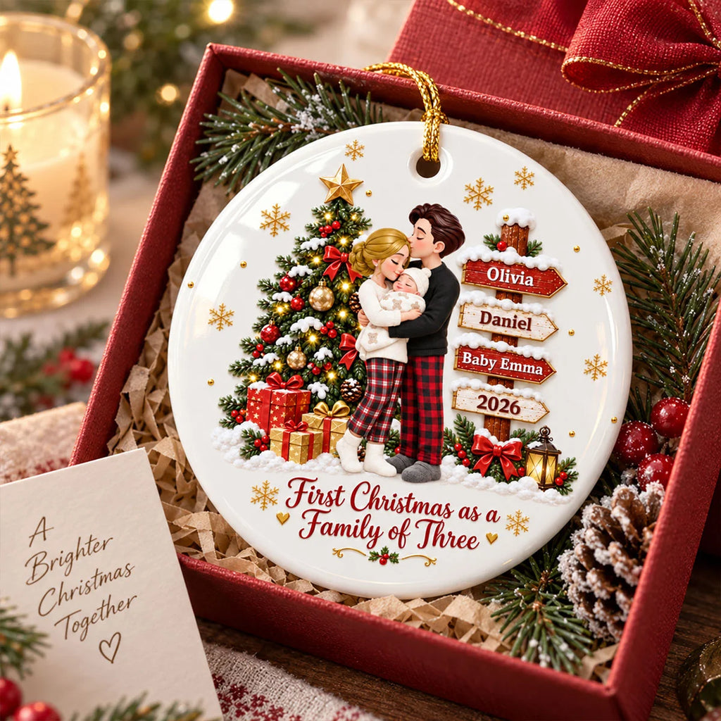 First Christmas As Family Of Three - Personalized Ceramic Ornament - Christmas Tree Keepsake For New Parents