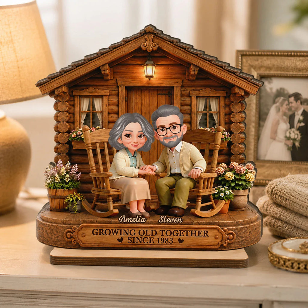Eternal Love Couple Growing Old Together Cabin Wood House - Personalized 2-Layered Wooden Plaque - Anniversary Gift For Couple