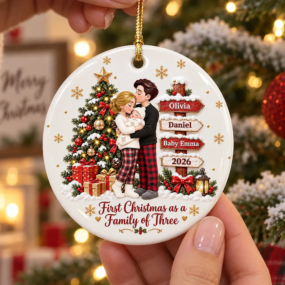 First Christmas As Family Of Three - Personalized Ceramic Ornament - Christmas Tree Keepsake For New Parents