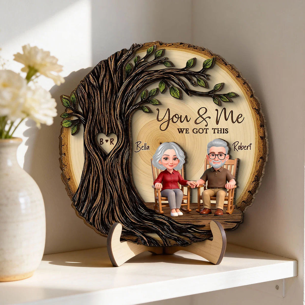 Old Couple Rocking Chair Under Heart Carved Tree - Personalized 2-Layered Wooden Plaque - Valentine's Day Gift For Couple