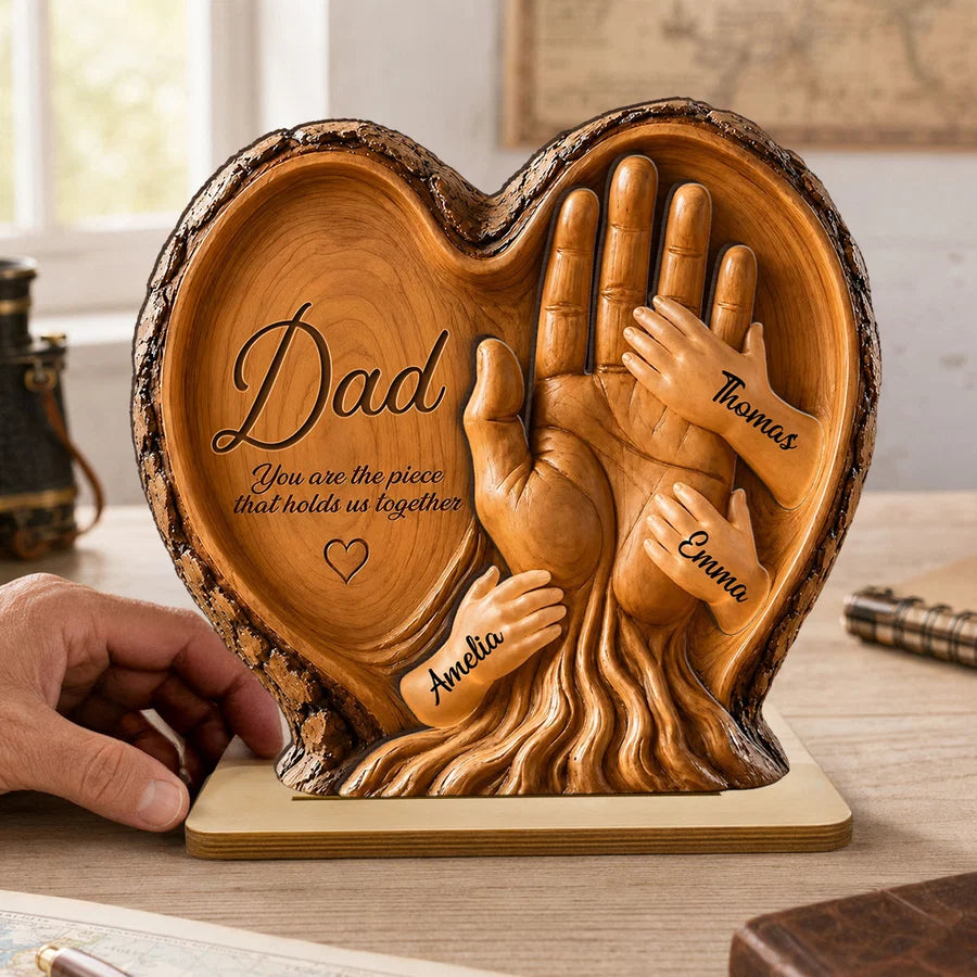 Dad Holds Kids Hands - Personalized 2-Layered Wooden Plaque - Heartfelt Gift For Dad, Husband