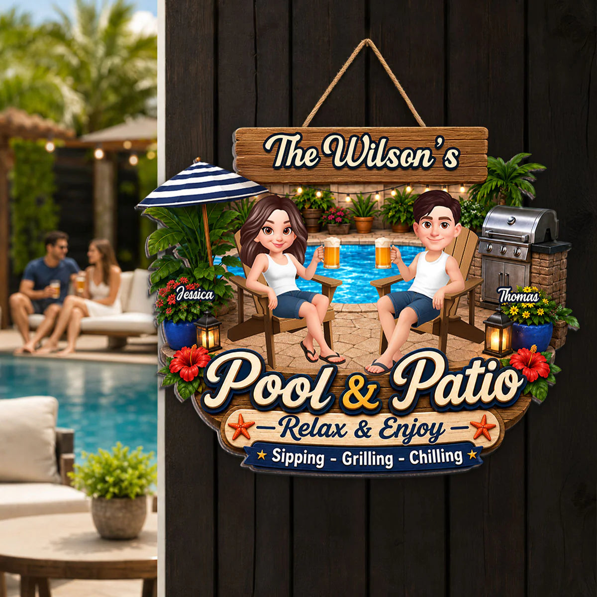 Welcome To Our Pool & Patio - Personalized Wood Sign - Gift For Couple, Summer Patio Pool Decoration