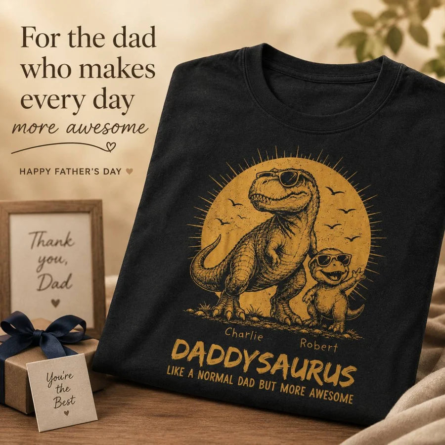 Retro Yellow Vintage Daddysaurus - Personalized Shirt - Funny Father's Day Gift For Dad, Husband
