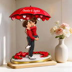 Couple Hugging Kissing Under Umbrella - Personalized 2-Layered Wooden Plaque - Anniversary, Valentine's Day Gift, Gift For Him, Gift For Her