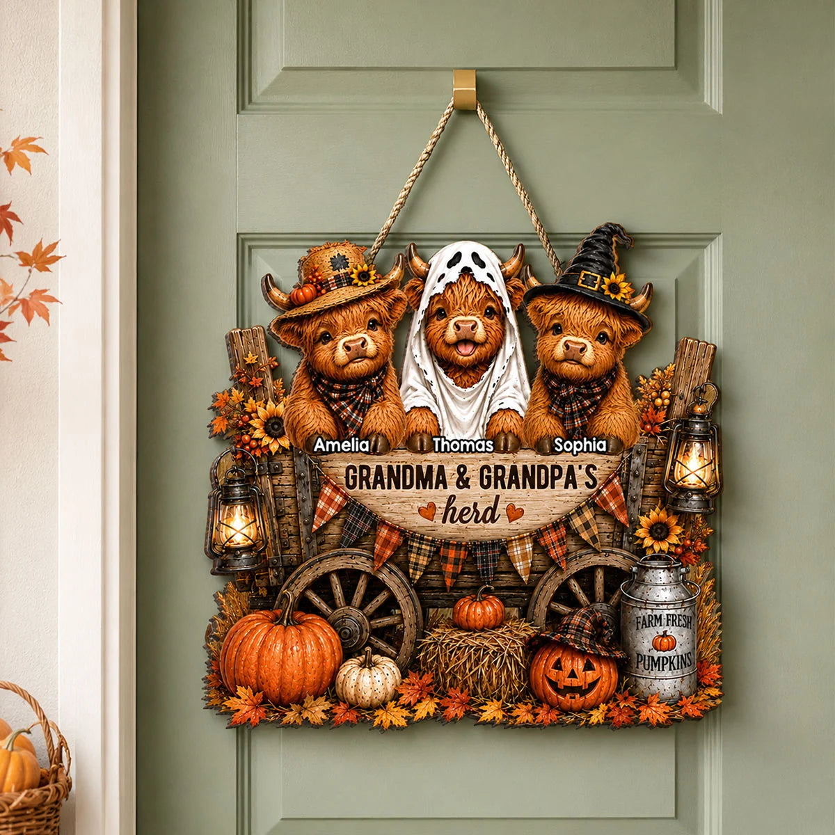 Grandma & Grandpa's Herd - Personalized Wooden Door Sign - Fall Decor for Grandparents, Grandparent's Day Gift
