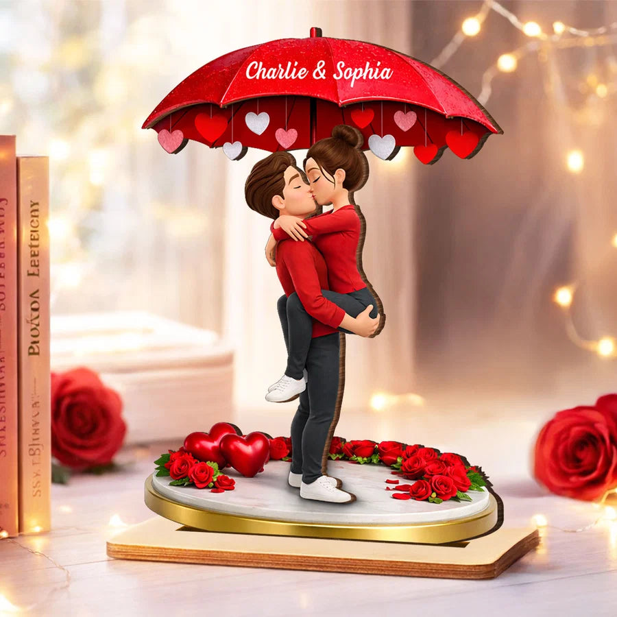 Couple Hugging Kissing Under Umbrella - Personalized 2-Layered Wooden Plaque - Anniversary, Valentine's Day Gift, Gift For Him, Gift For Her