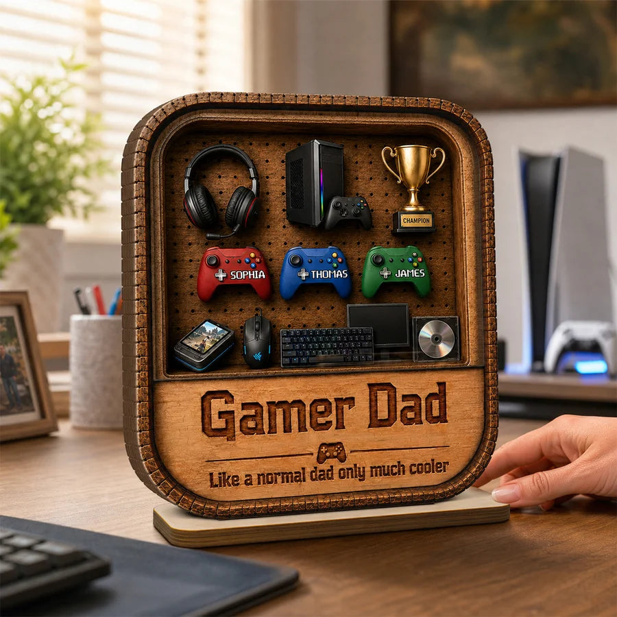 Gamer Dad Gaming Shelf Display With Kids Name 2D Flat - Personalized Wooden Plaque